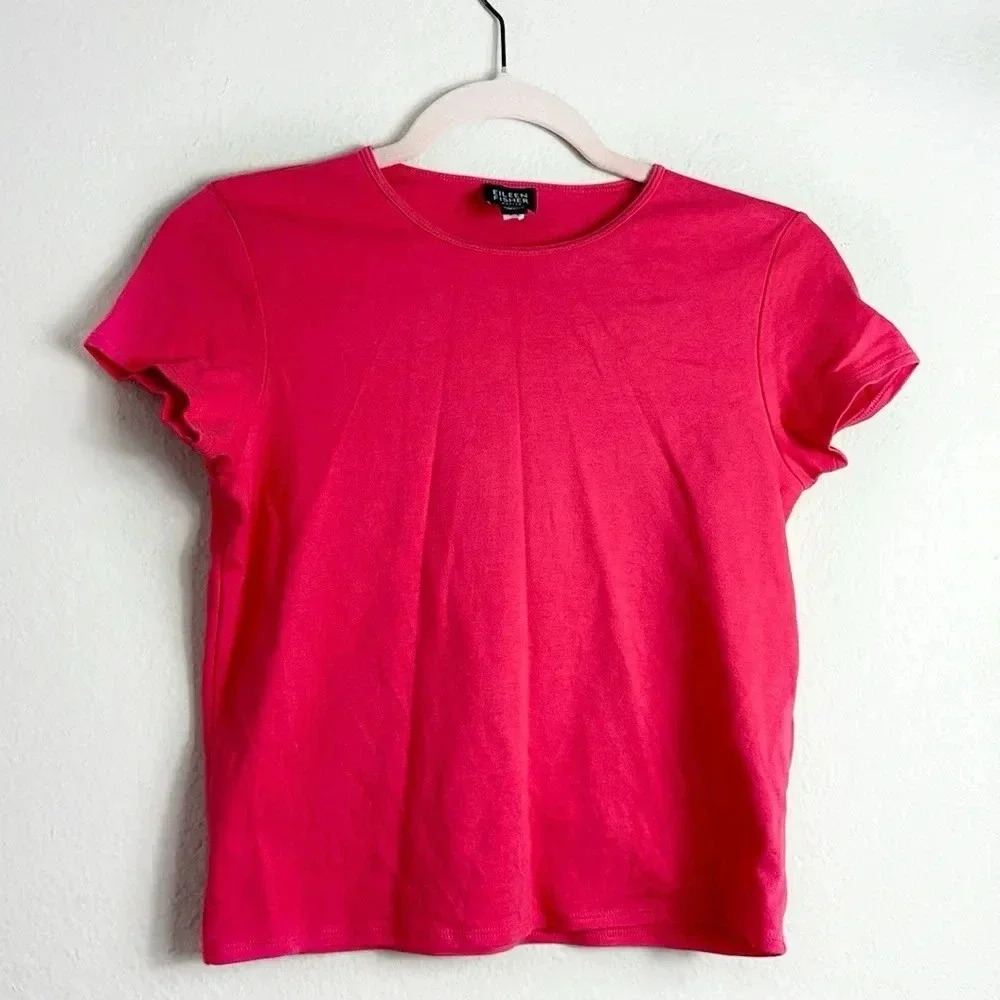 Eileen Fisher 100% Cotton Short Sleeve Top Crew Neck in Deep Coral size 2P